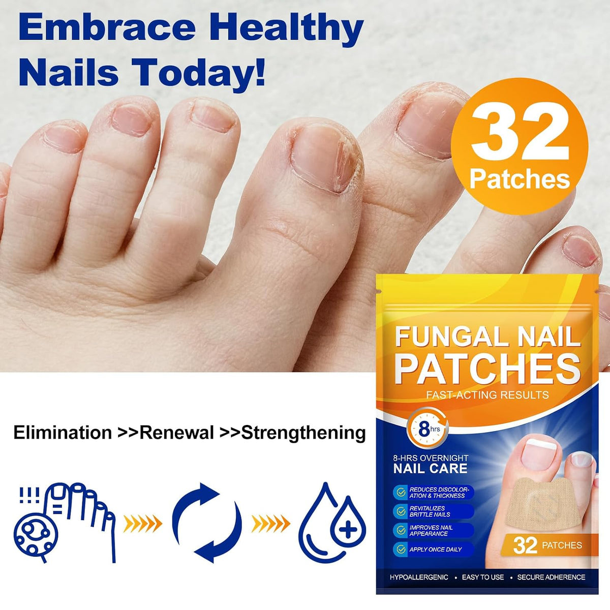 Nail Treatment Patches, 64Pcs(2 Pack) Discolored Thickened Nails, 8Hour Nightime Extra Strength Repair Nail Renewal Waterproof for Women Men