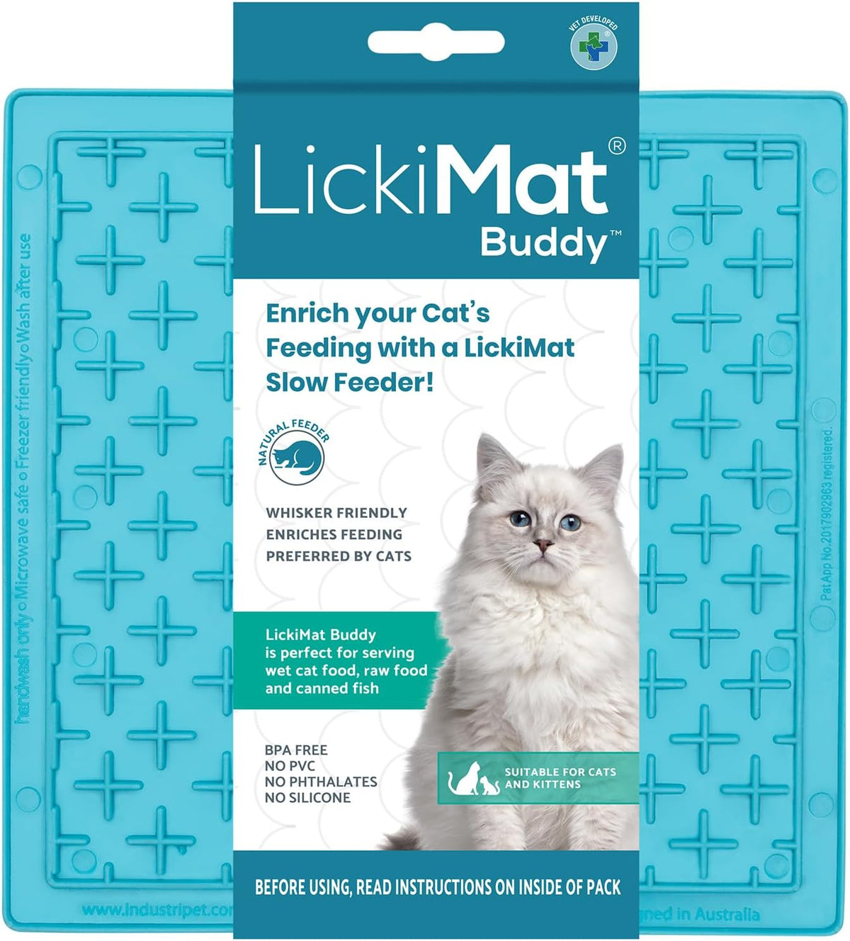 Classic Buddy, Cat Slow Feeder Lick Mat, Boredom Anxiety Reducer; Perfect for Food, Treats, Yogurt, or Peanut Butter. Fun Alternative to a Slow Feed Cat Bowl or Dish, Turquoise
