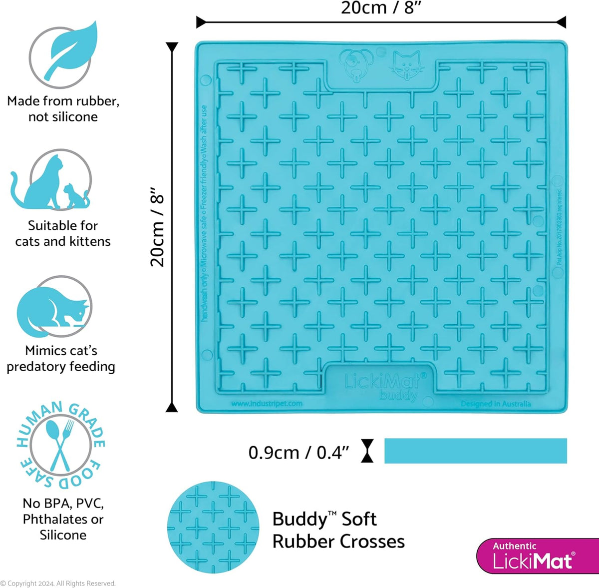 Classic Buddy, Cat Slow Feeder Lick Mat, Boredom Anxiety Reducer; Perfect for Food, Treats, Yogurt, or Peanut Butter. Fun Alternative to a Slow Feed Cat Bowl or Dish, Turquoise